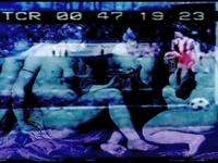 Abstract image blending a classical painting of seated figures with a digital overlay and timecode at the top.