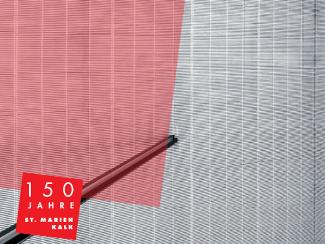Abstract design featuring red and gray geometric patterns with the text "150 Jahre St. Marien Kalk" in the bottom left corner.