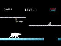 Retro-style video game scene with a penguin hanging upside down, shouting "HELP!" A polar bear and a small creature are on icy platforms.