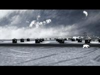 Snowy landscape with scattered dark huts and a polar bear silhouette against a cloudy sky.