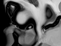 Abstract black and white image with distorted, swirling patterns and shapes, resembling a face with prominent eyes.