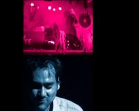 Split image: Top half shows a pink-lit scene with abstract shapes; bottom half features a man in blue lighting with a contemplative expression.