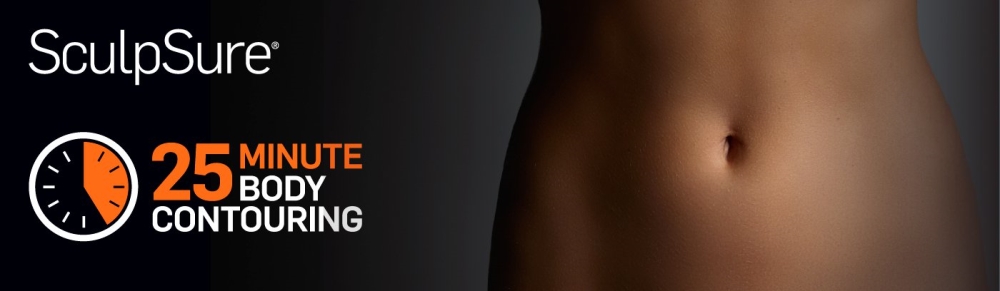 Toned midsection with navel beside SculpSure logo and "25 Minute Body Contouring" clock graphic.