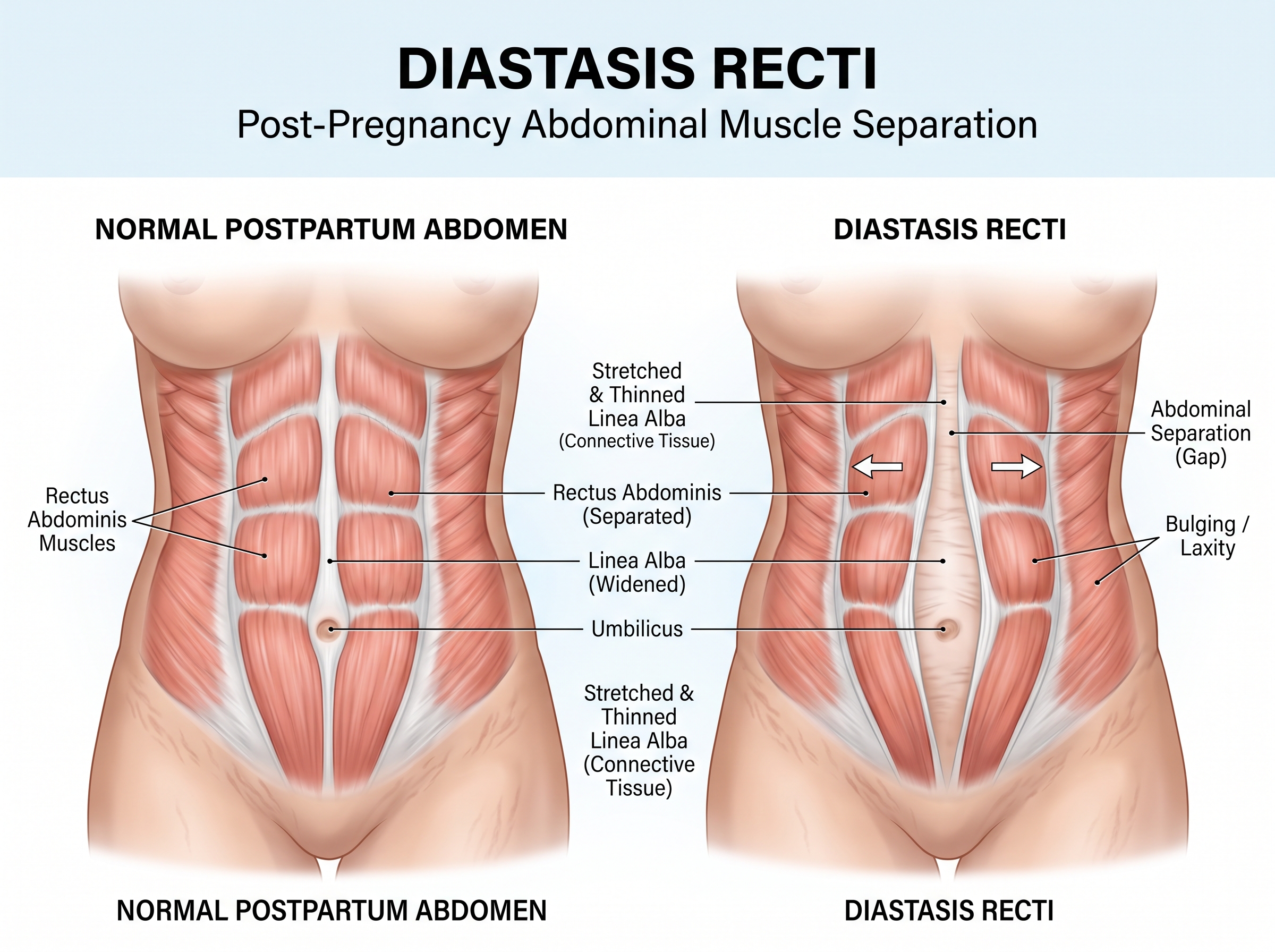 Illustration comparing normal postpartum abdomen to diastasis recti, highlighting muscle separation, connective tissue thinning, and abdominal bulging.