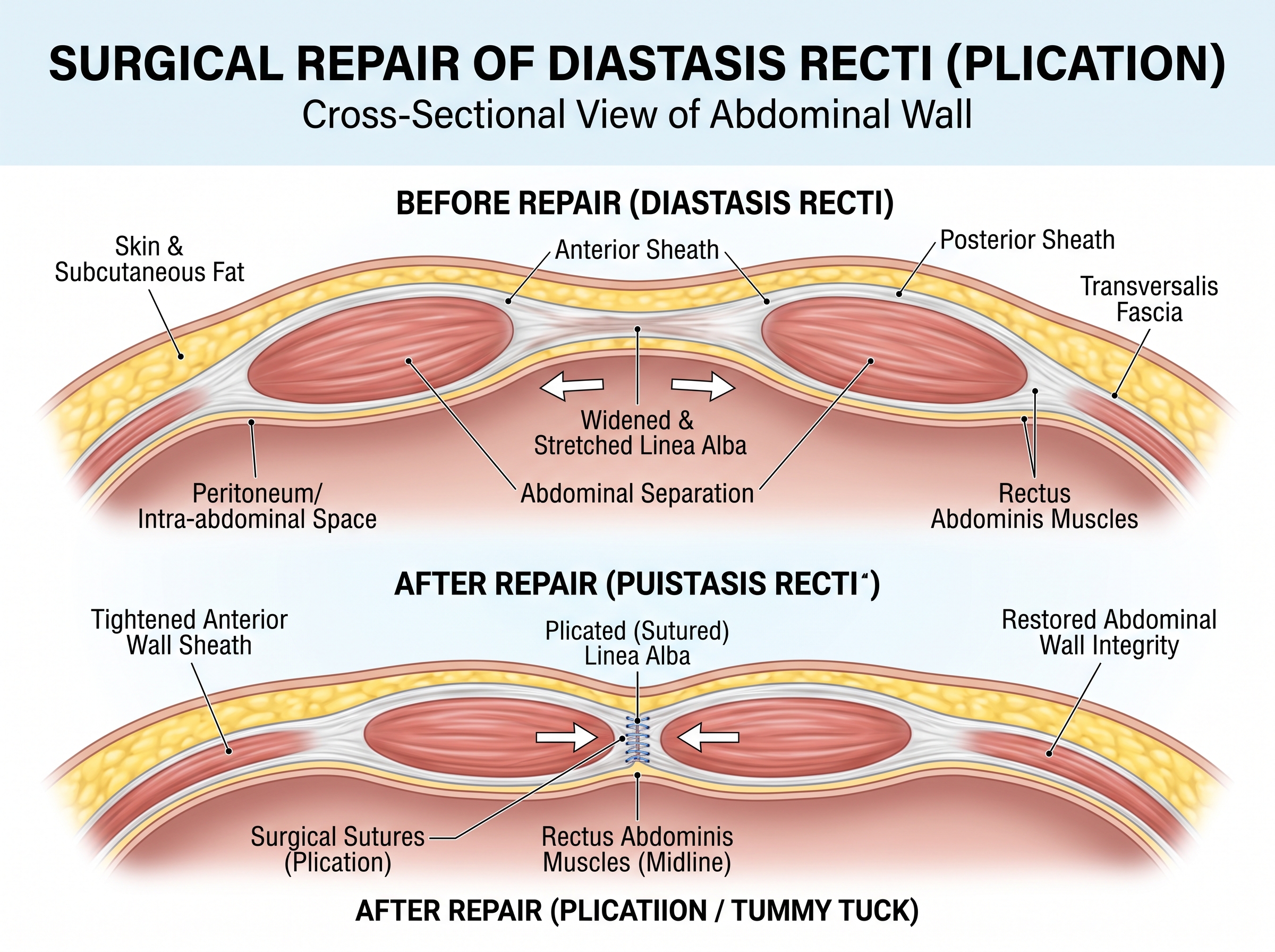 Diagram showing surgical repair of diastasis recti, illustrating the abdominal wall before and after plication, with labeled anatomy.