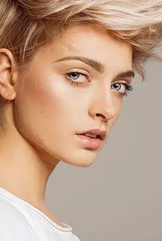 Person with short, styled blonde hair, light makeup, and blue eyes, wearing a white shirt, looking towards the camera.