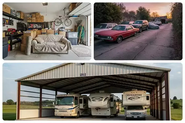 Various types of storage units, a garage, a large car port, and a private lot.