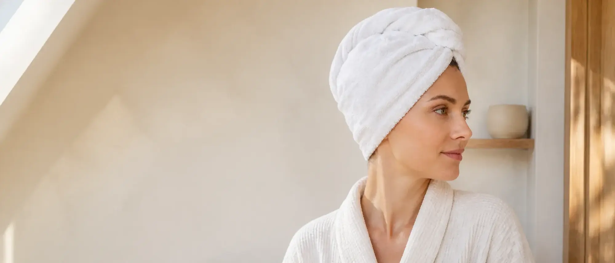 Frau mit weißem Riva/Gina Frotteeturban in einem warm beleuchteten Badezimmer