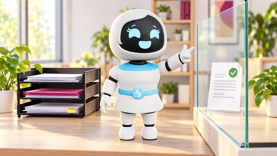 CodeCell-Roboter zeigt in einem Büro auf eine freigegebene Seite neben getrennt abgelegten internen Unterlagen