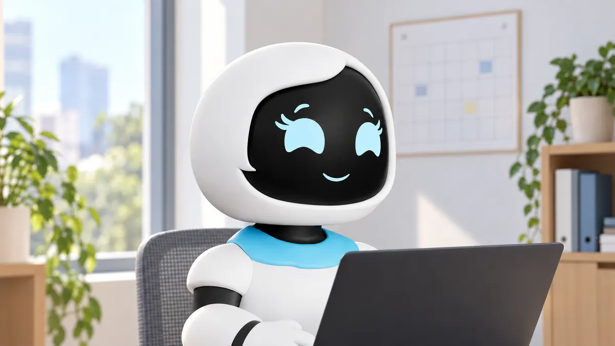 CodeCell-Maskottchen am Computer neben Unterlagen für eine Projektbesprechung