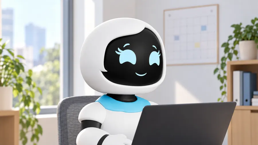 CodeCell-Maskottchen am Computer neben Unterlagen für eine Projektbesprechung