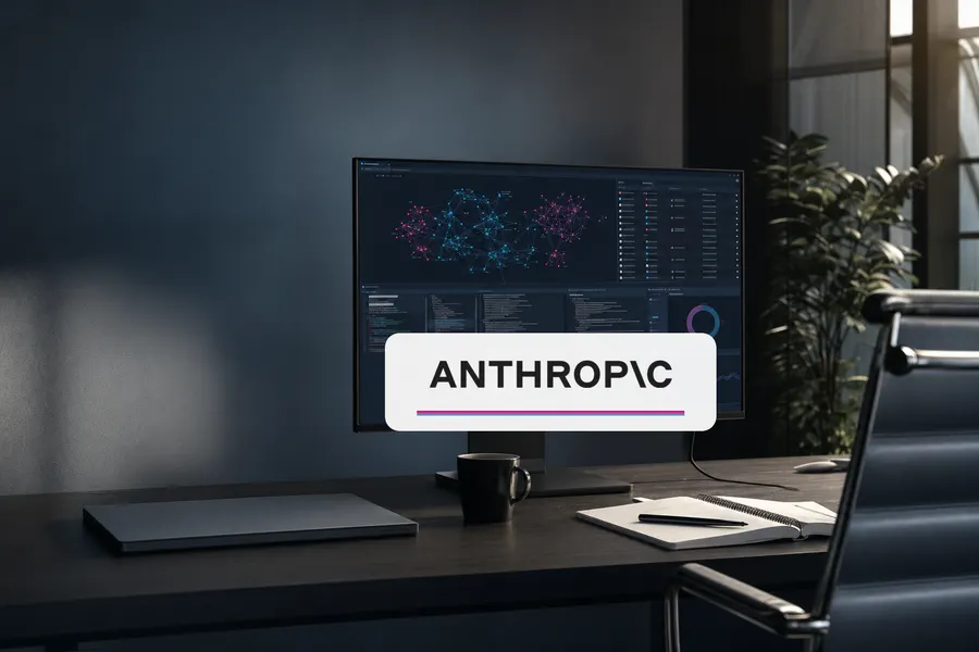 Realistischer Cybersecurity-Arbeitsplatz mit Anthropic-Logo vor Analyse-Monitoren