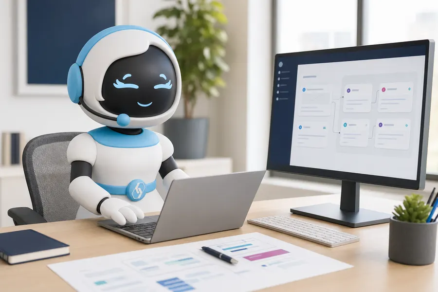 CodeCell-Maskottchen Eva arbeitet als KI-Agent an Laptop und Workflow-Monitor