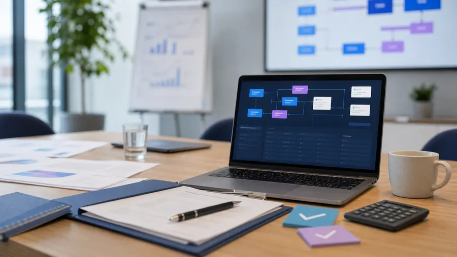 Moderner Workshopraum mit Laptop, Förderunterlagen, Checkkarten und KI-Workflow auf einem Bildschirm