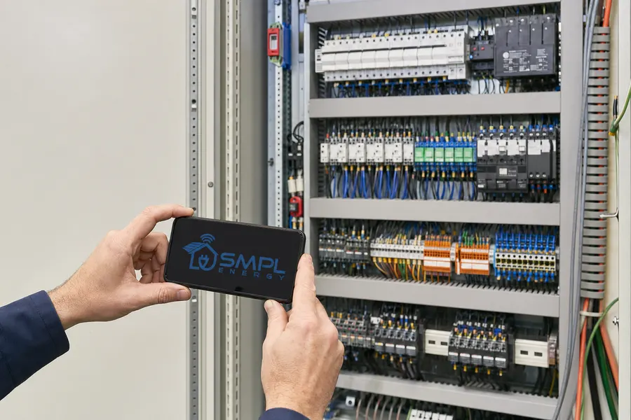 Hände halten ein Smartphone mit SMPL-Energy-Logo vor einem geöffneten deutschen Schaltschrank