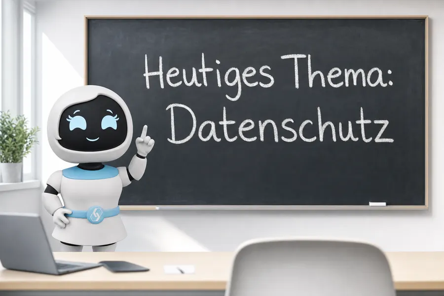 CodeCell-Maskottchen steht in einem Klassenraum vor einer Tafel mit dem Text Heutiges Thema Datenschutz