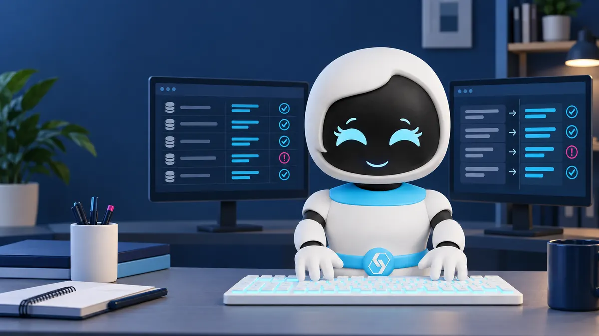 CodeCell-Maskottchen an einer Tastatur vor einer illustrierten Ansicht zum Vergleich alter und neuer Softwareergebnisse