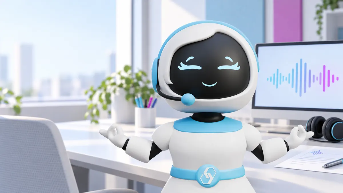 CodeCell-Maskottchen mit Headset vor einem ruhigen Arbeitsplatz mit Notizblatt und Audiowellen auf einem Monitor