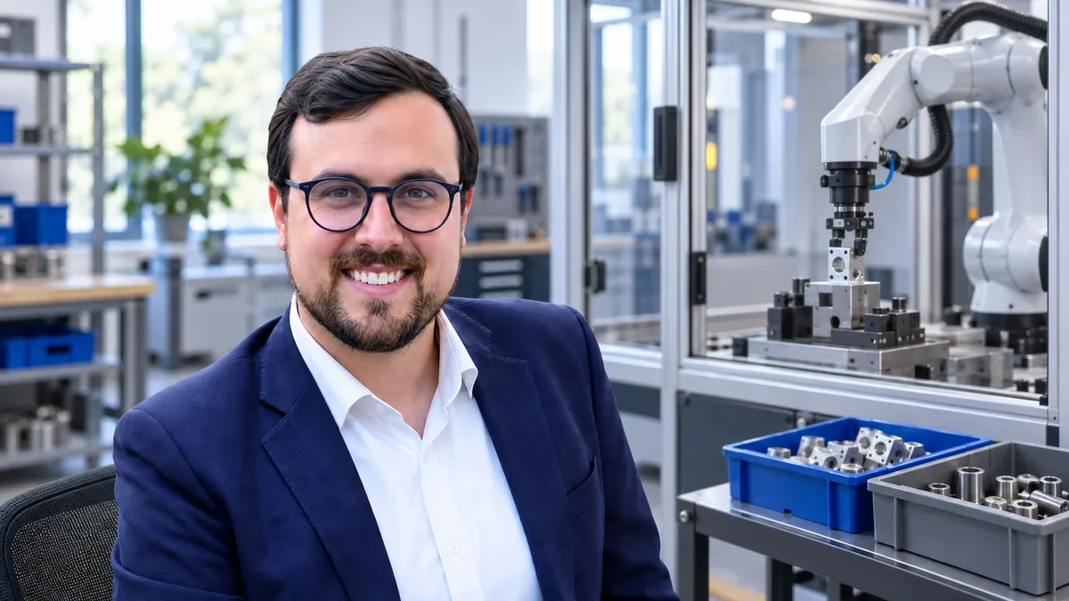 Nikolas Gottschol vor einer illustrierten Fertigungszelle mit Roboterarm und Bauteilbehältern