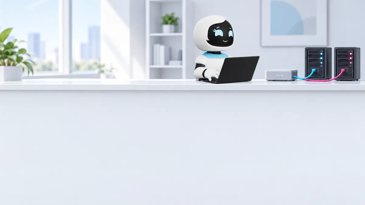 CodeCell-Maskottchen mit Laptop in einer illustrierten Arbeitsumgebung mit zwei getrennten Zugangswegen zur Cloud