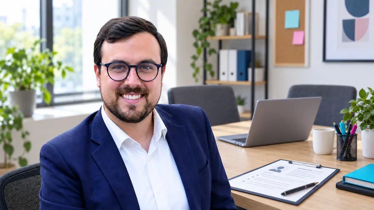 Nikolas Gottschol vor einem illustrierten Büro mit Stellenprofil, Laptop und Besprechungstisch