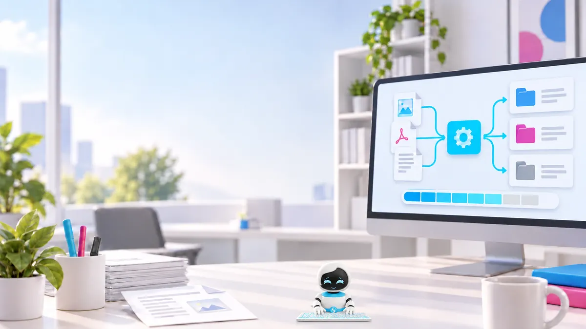 CodeCell-Maskottchen an einer Tastatur vor einem illustrierten Arbeitsplatz für einen begrenzten KI-Pilotversuch