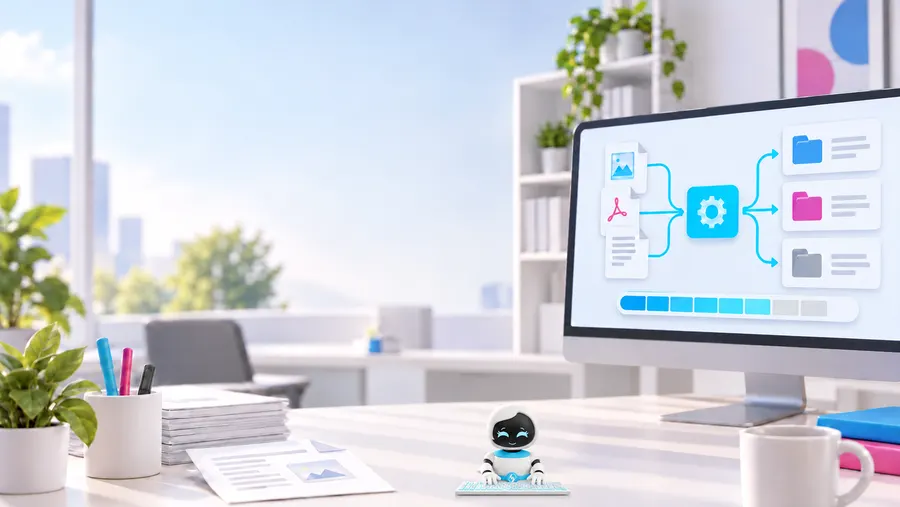 CodeCell-Maskottchen an einer Tastatur vor einem illustrierten Arbeitsplatz für einen begrenzten KI-Pilotversuch