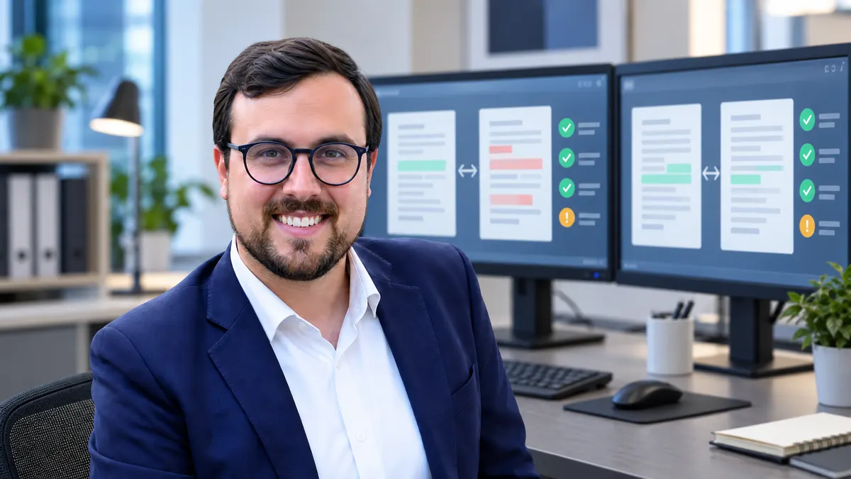 Nikolas Gottschol vor einer illustrierten Software-Testansicht mit Dokumentvergleich und Prüfmarkierungen