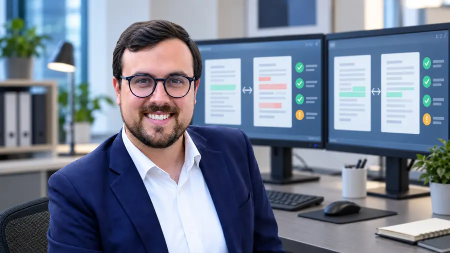 Nikolas Gottschol vor einer illustrierten Software-Testansicht mit Dokumentvergleich und Prüfmarkierungen