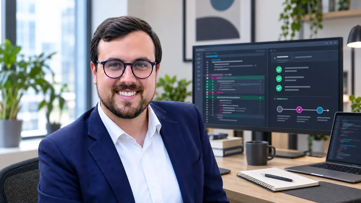Nikolas Gottschol vor einem illustrierten Software-Arbeitsplatz mit Codeprüfung und grünen Testmarkierungen