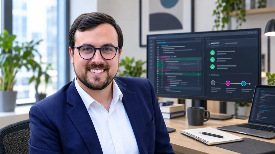 Nikolas Gottschol vor einem illustrierten Software-Arbeitsplatz mit Codeprüfung und grünen Testmarkierungen