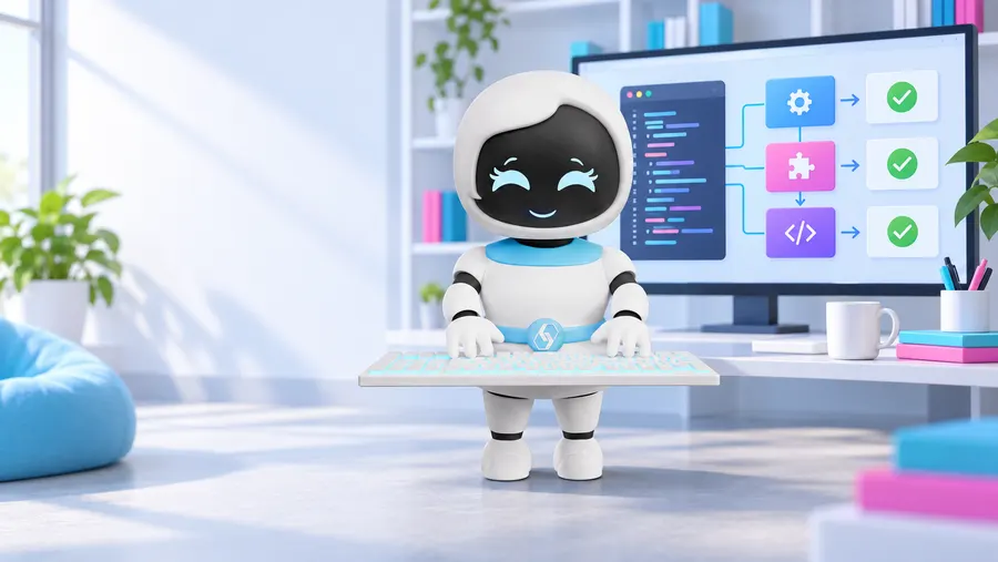 CodeCell-Roboter beim Programmieren vor einer illustrierten Ansicht mit Softwaremodulen und Testergebnissen