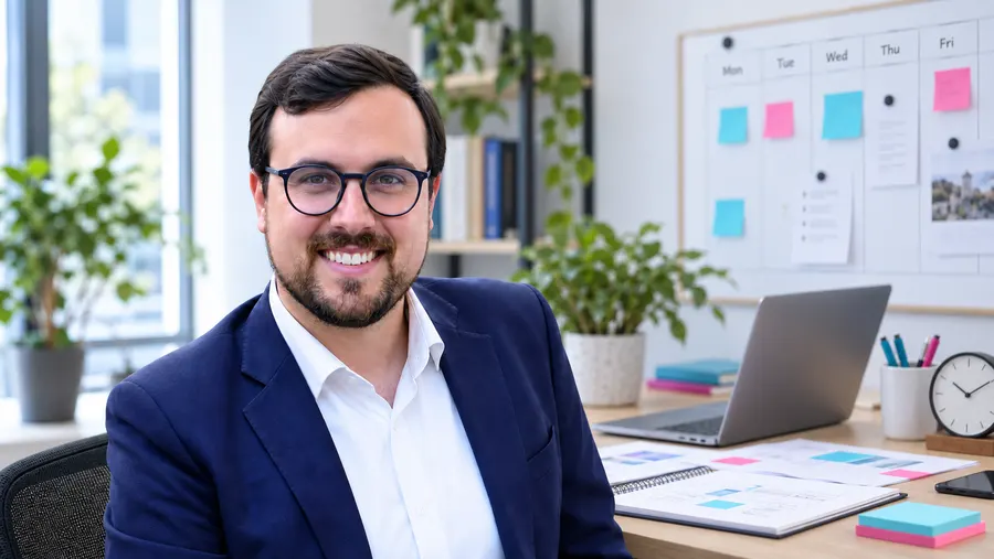 Nikolas Gottschol vor einem illustrierten Büroarbeitsplatz mit Projektunterlagen und Wochenplan