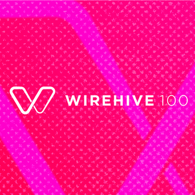 Wirehive 100 logo on a pink background