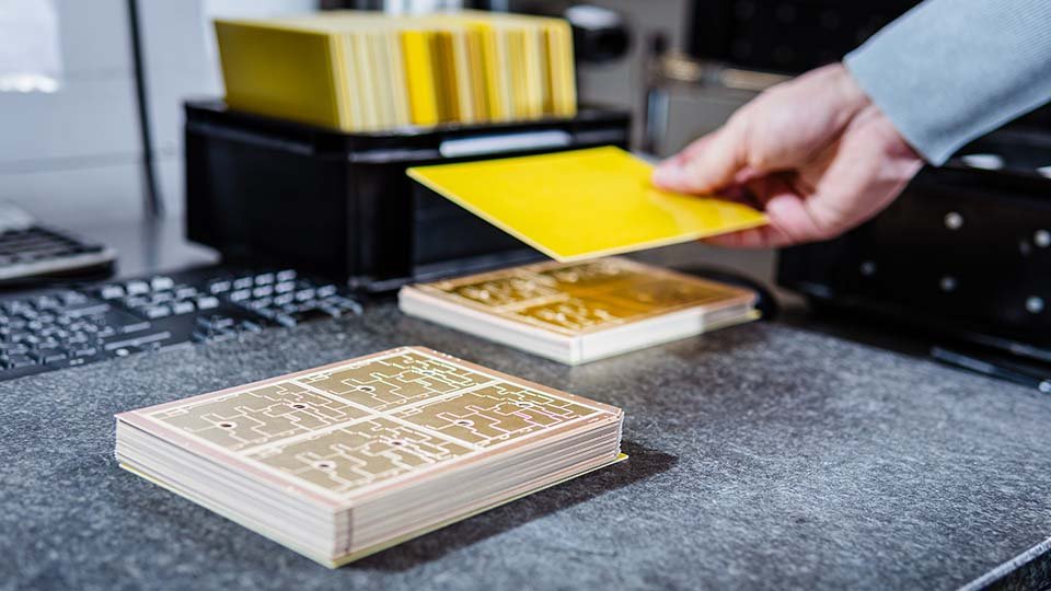 Hand holding a yellow sheet above a stack of circuit boards on a gray table, with a keyboard and storage in the background.