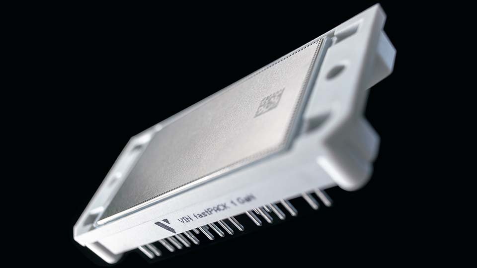 Close-up of a fastPACK1GaN power module on black background