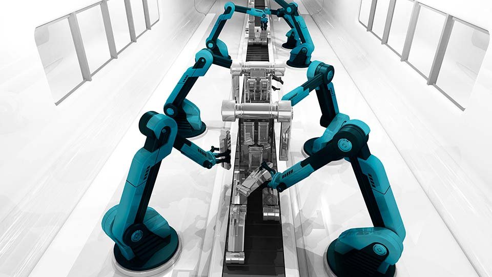 Robotic arms in a symmetrical setup assembling parts on a production line within a sleek, futuristic environment.