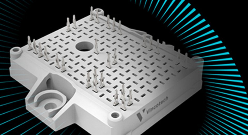 White power module with multiple pins on a perforated surface, branded "Vincotech," against a black background with blue radial lines.