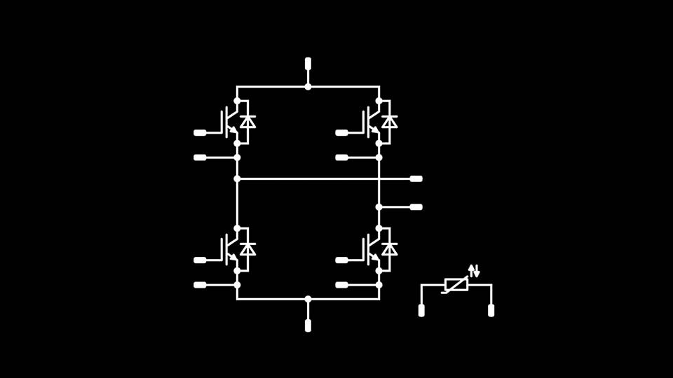 Schematic of a H-bridge topology on a black background.