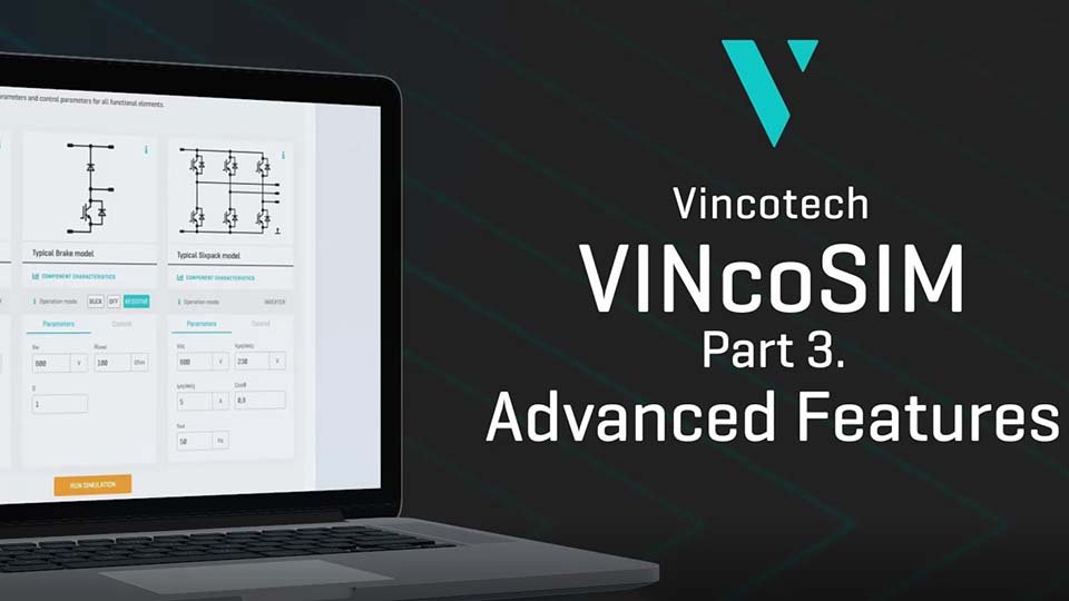 Laptop displaying VINcoSIM software with diagrams, alongside text: "Vincotech VINcoSIM Part 3. Advanced Features."