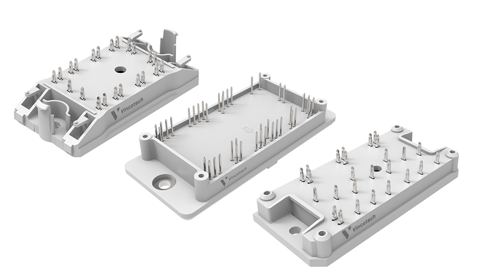 Three Vincotech housings with multiple pins, labeled "Vincotech," arranged in different orientations on a white background.