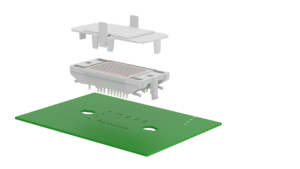 Exploded view of electronic components including a ProCap, Paste, Module, and PCB, with labels indicating each part and their assembly order.