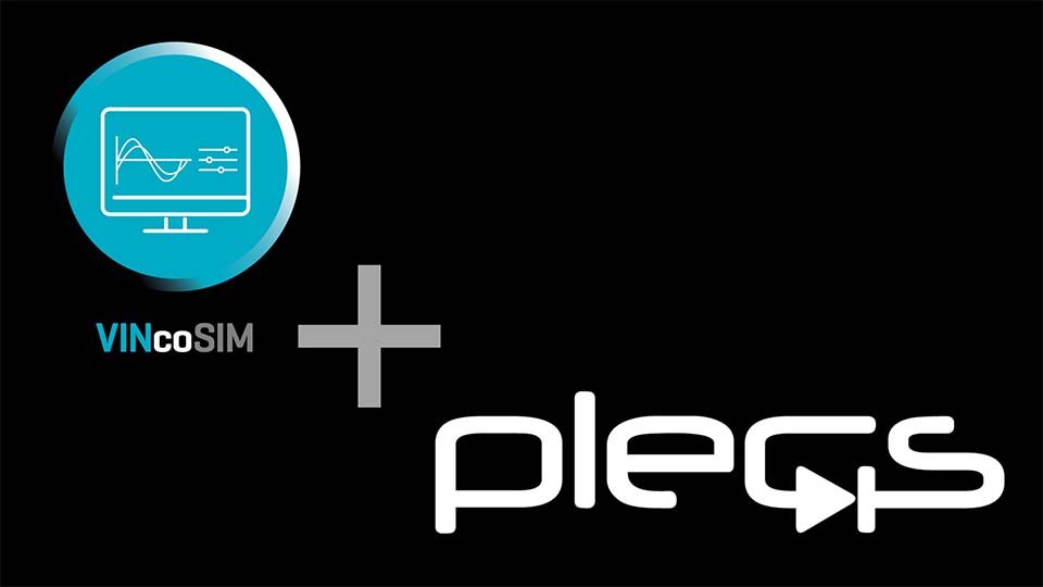 VINcoSIM and plegs logos on a black background, featuring a computer monitor icon with graphs and controls.