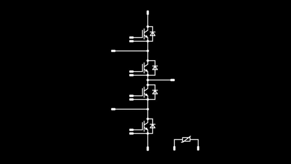Schematic of a buck booster symmetric topology on a black background.