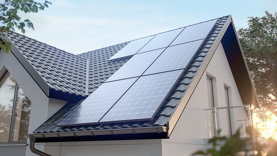 Solar panels on a modern house roof with blue sky and surrounding trees.
