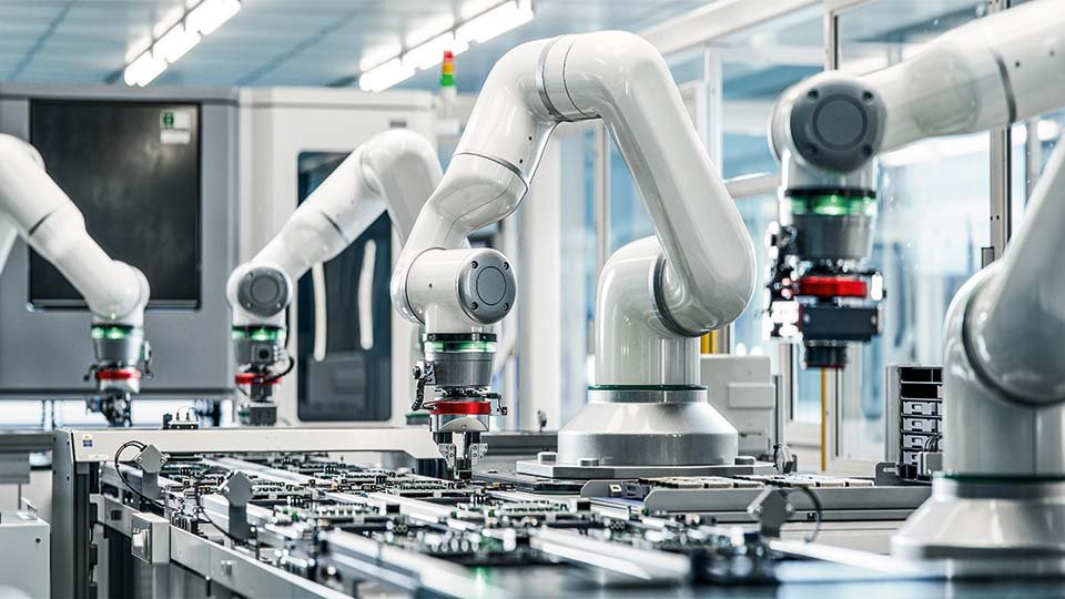 Robotic arms work on an assembly line in a modern factory setting, showcasing automation and advanced technology.