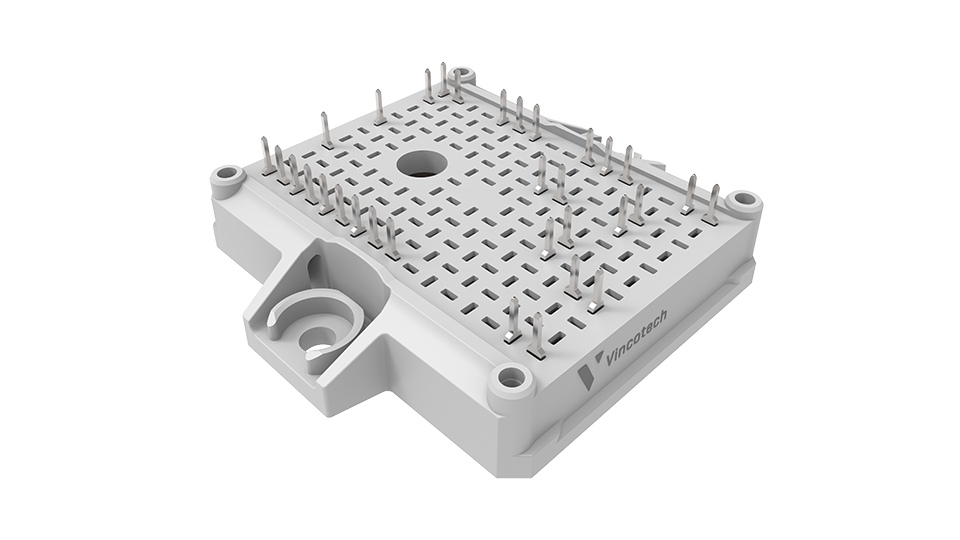 3D rendering of Vincotech's flow E2 housing with press-fit pins.