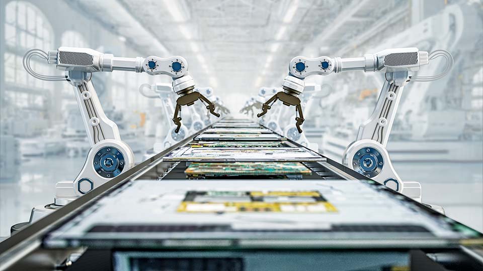 Robotic arms working on an assembly line in a modern factory. Components are positioned precisely, highlighting advanced automation in manufacturing.