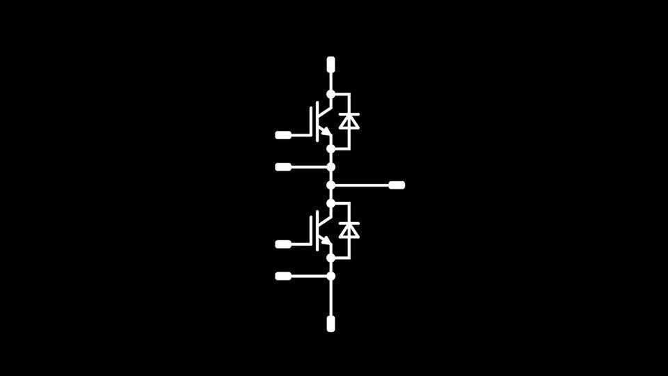 Schematic of a half bridge topology on a black background.