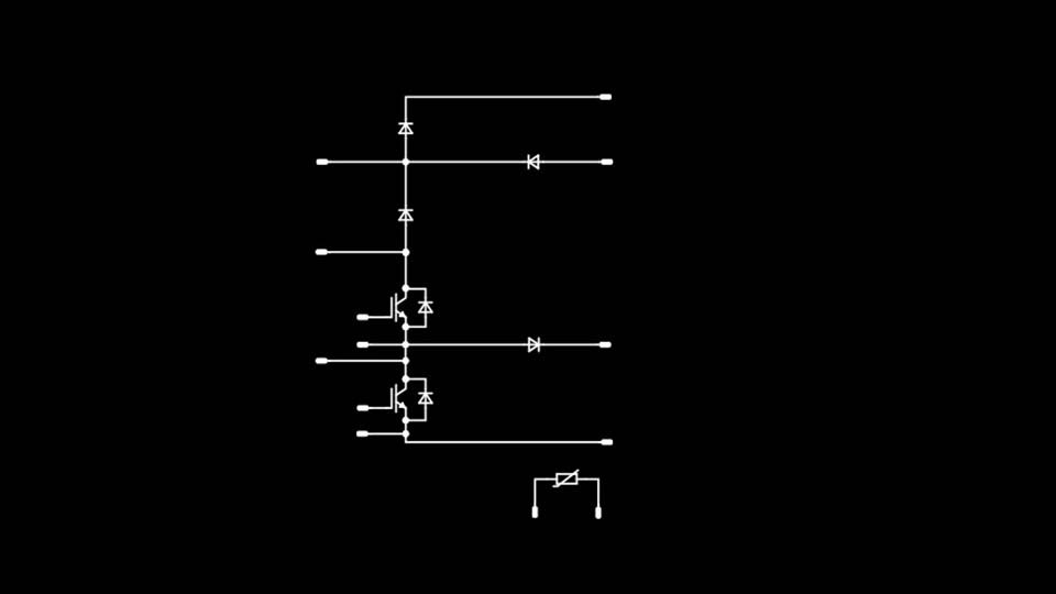 Schematic of a three-level flying capacitor booster topology on a black background.